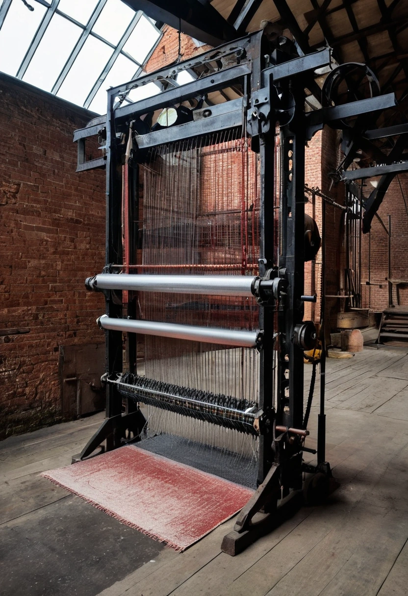 Cast iron Jacquard-style loom with a punched card mechanism in a brick mill interior