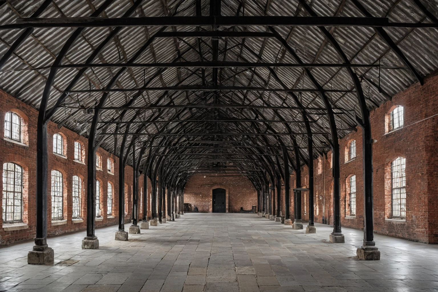Interior of a brick textile mill weaving shed with cast iron columns and tall arched windows
