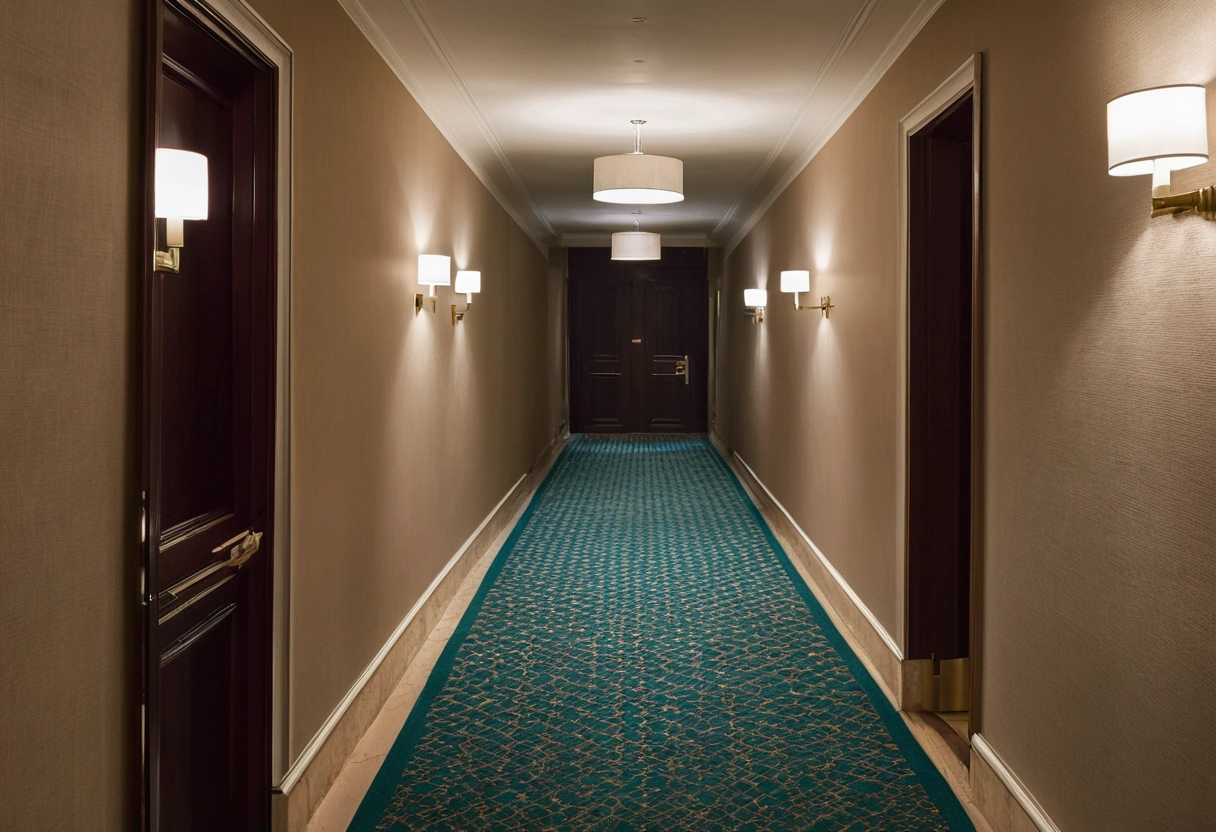 Hotel corridor interior with a woven patterned wool carpet running the length of the floor